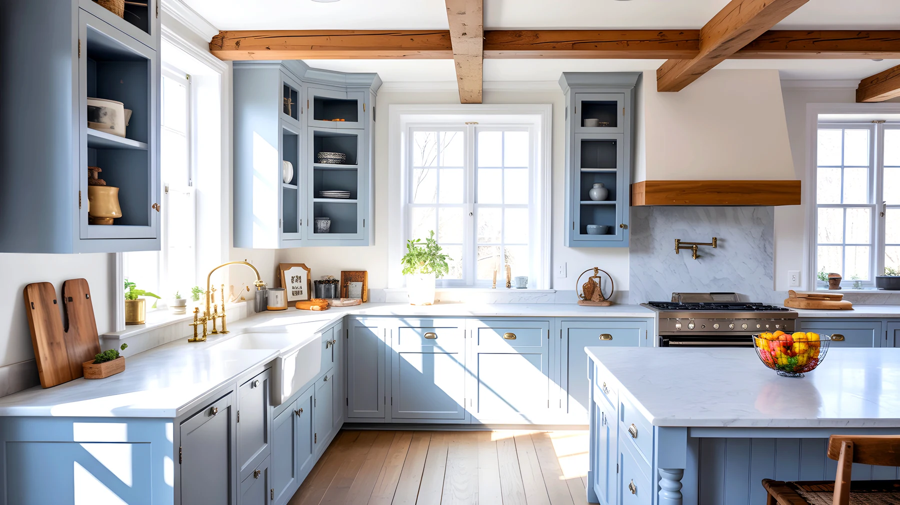 White wood range hood with a warm wood apron in a light blue kitchen