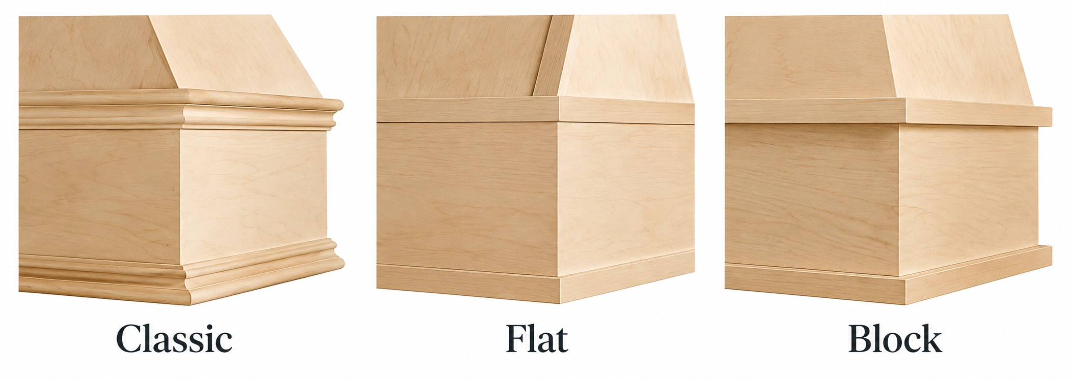 Three hood trim examples: Classic has a shaped decorative profile; Flat has a simple flat edge; Block has a squared profile.