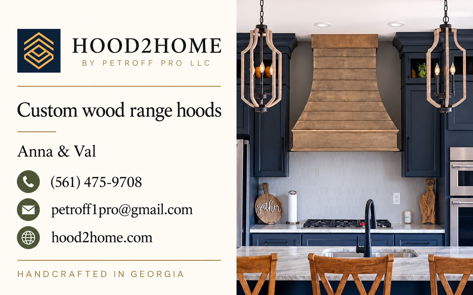 Hood2Home by Petroff PRO LLC. Custom wood range hoods. Anna and Val. Phone (561) 475-9708. Email petroff1pro@gmail.com. Website hood2home.com.